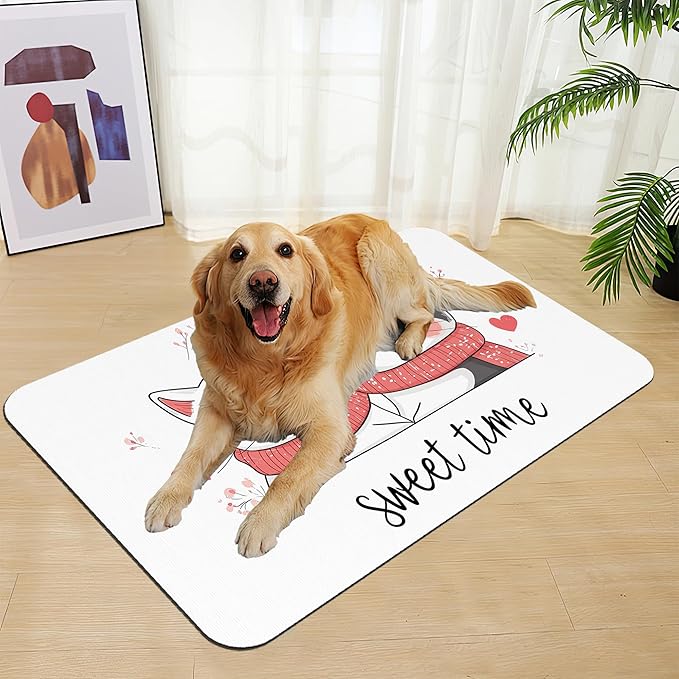 Sweet Cat Lovers Dog Cat Food Mat–Absorbent Waterproof Placemat for Food and Water Bowls, Non Slip Rubber Backing, Feeding Mat for Clean Floors 12"x20"
