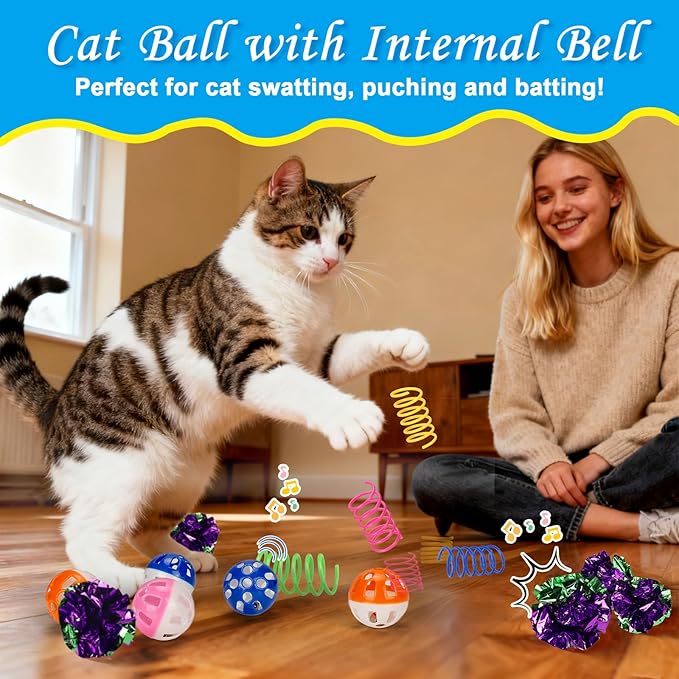 219PCS Cat Ball Pit with Balls, Interactive Toy for Indoor Bored Cats with Ball Launcher, Jingle Balls, Crinkle Balls, Springs, Pom Pom Balls, Cat Enrichment Toys, Kitten Toys for Self Playing