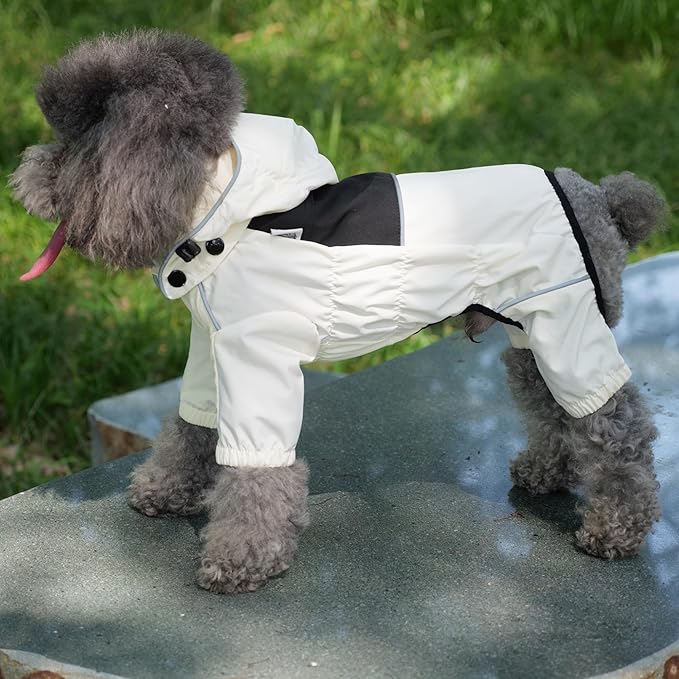 LOVELONGLONG Waterproof Dog Raincoat with Removable Hood – Outdoor Full Body Dog Jacket, Windproof Snowproof Shell Suit – All Season Pet Rain Gear Ivory XS