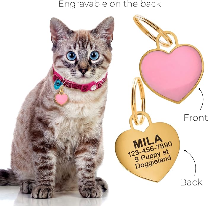 Custom Heart Shape Pet Tag ID, Personalized Gold Stainless Steel Cute Shiny Safety Lost Collar Tag for Boy & Girl Dogs Puppies Cats with Ring Laser Engraved SOS Customizable with Name, Phone, Address