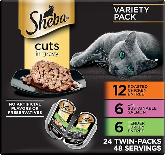 Sheba Perfect Portions Wet Cat Food Cuts in Gravy Variety Pack, Roasted Chicken Entree, with Sustainable Salmon, and Tender Turkey Entree, 2.6 oz. Twin-Pack Trays (24 Count, 48 Servings)