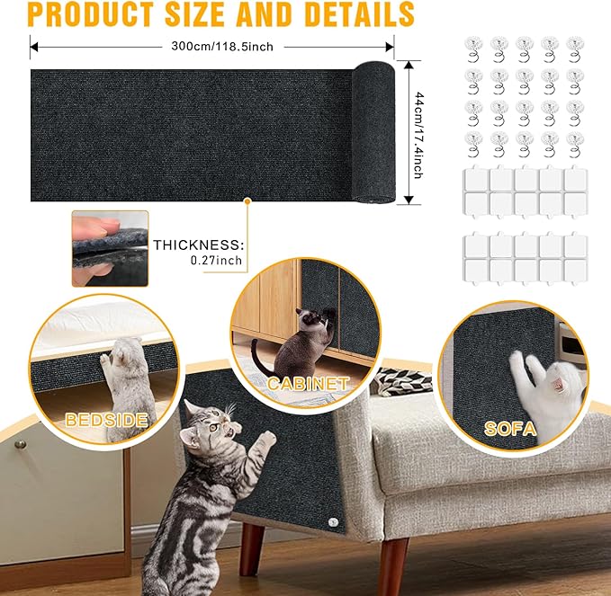 Cat Scratch Mat,118.5"x17.4" Trimmable Self-Adhesive Cat Scratch Furniture Protector, Sticky Cat Scratcher Wall Mat, Covering Cats Tower, Couch Protector from Cats Claws (Dark Grey)