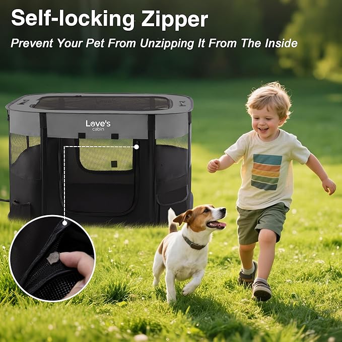 Love's cabin Pet Puppy Dog Playpen, Large Dog Tent Crates Cage Indoor/Outdoor, Portable Exercise Playpen for Dog and Cat, Foldable Pop Up Dog Kennel Playpen with Carring Case (L, Grey)