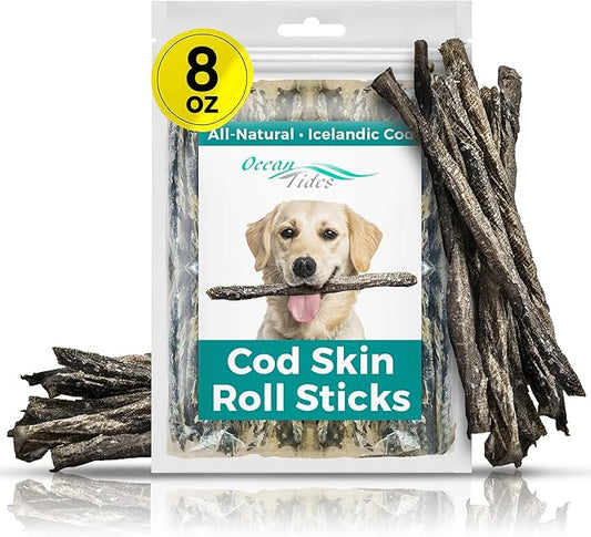 Ocean Tides Icelandic Atlantic Cod Fish Skin Treats for Dogs and Cats Dried Lean Crunch Sticks Chews