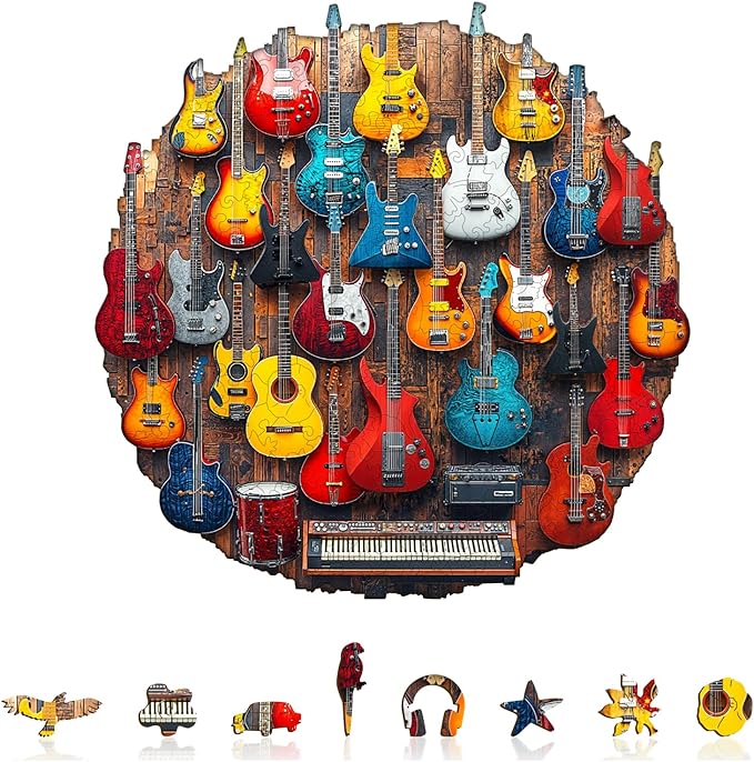 KAAYEE Wooden Puzzles for Adults, Guitar Wall Jigsaw Puzzles, 205 Piece Unique Shape Puzzle, Creative Gifts for Adults/Friends/Family, Family Game，Wall Decor(11.4 * 11.4in)