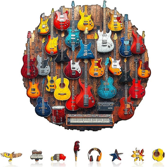 KAAYEE Wooden Puzzles for Adults, Guitar Wall Jigsaw Puzzles, 205 Piece Unique Shape Puzzle, Creative Gifts for Adults/Friends/Family, Family Game，Wall Decor(11.4 * 11.4in)