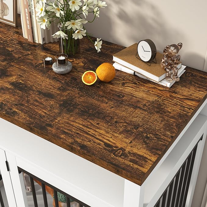 87In Farmhouse Dog Crate TV Stand, Wooden Dog Kennel Furniture with 2 Doors, Large Dog Crate Furniture for 2 Dogs, Solid Metal Tube & 4 Lockable Doors, White