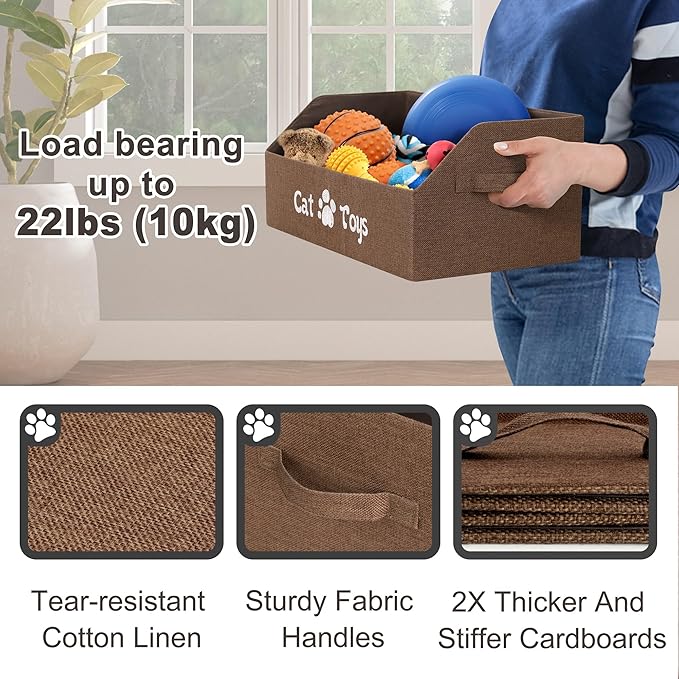 2X Thicker Large Cat Toy Bin - Collapsible Box, Sturdy Basket, Kitten Storage Bed for Organizing Toys, Treats, Clothes and Accessories (Brown)