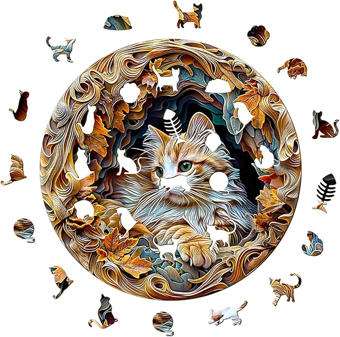 KAAYEE Wooden Puzzles for Adults, 3D Cat 200 Piece Unique Animal Shape Puzzle, Cat Wood Puzzle for Adults, Creative Gifts for Friends/Family, Home Decor(11.4 * 11.4in)