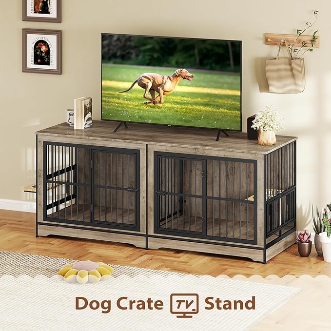 Rovibek 78 Double Dog Crate Furniture for 2 Large Dogs Indoor, Wooden Furniture Dog Crates with Dog Bowl, Dog Kennel Furniture TV Stand Large Breed Grey