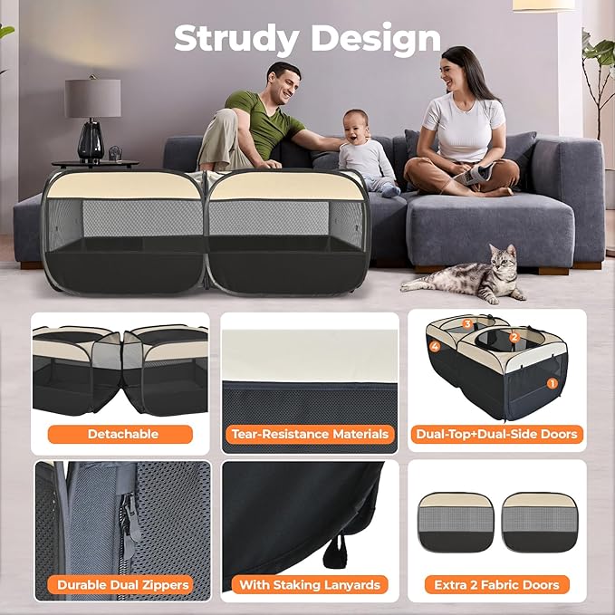 2-in-1 Pop Up Cat Playpen, Detachable into 2 Separate Pens with Additional Doors, Assembly-Free Portable Dog Crates Pet Pen Tent Kennel Kitten Puppy Enclosure Cage Indoor Outdoor Foldable Condo(S)