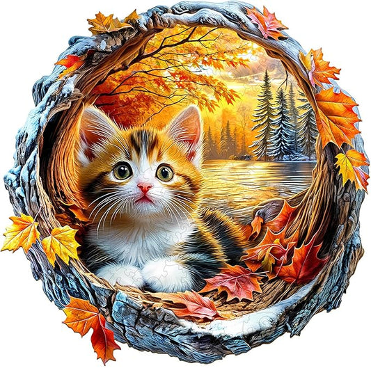 Wooden Puzzles for Adults - Kitten in Autumn Wooden Jigsaw Puzzle, Unique Animal Shaped Wood Puzzles Adult, Christmas Birthday Gifts for Friends/Family, Home Decor 11.4 * 11.3in 190pcs