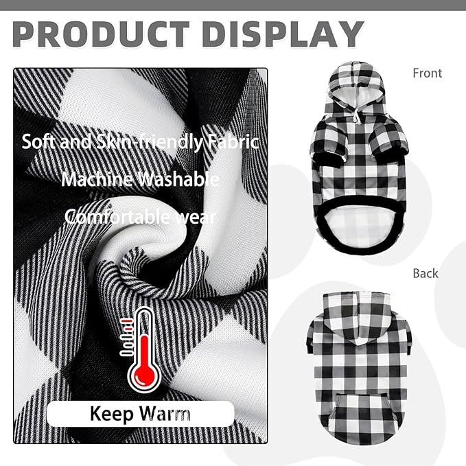 KOOLTAIL Plaid Dog Hoodie for Small Medium Large Dogs - Pet Clothes Sweater with Hat and Pocket for Cold Weather Winter, Warm Soft Hooded Sweatshirt Coat Outfit for Puppy Cats Girls Boys White L