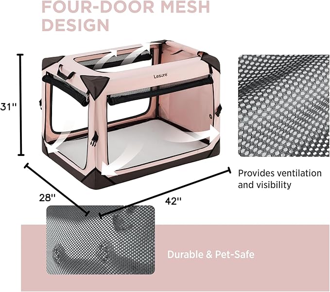 Lesure Collapsible Dog Crate - Portable Travel Kennel for Extra Large Dog, 4-Door Pet Crate with Mesh Windows, Indoor & Outdoor, Pink