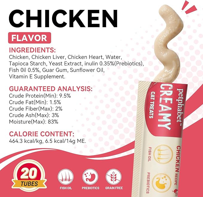 PETPHABET Lickable Cat Treats, Creamy Puree Wet Kitten Treats Chicken Recipe, Squeezable Paste Cat Snacks, Grain-Free Kitty Treat, High Protein Squeeze Up Tubes for Cats (0.5 oz x 20 Counts)