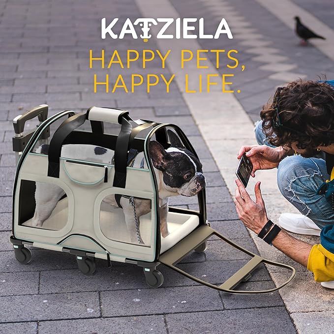 Katziela Pet Carrier - Airline Compliant Dog Carrier - TSA Approved Pet Carrier for Small Dogs and Cats - Soft FAA Travel Airplane Dog Carrier Luggage (White/Blue-Pro)
