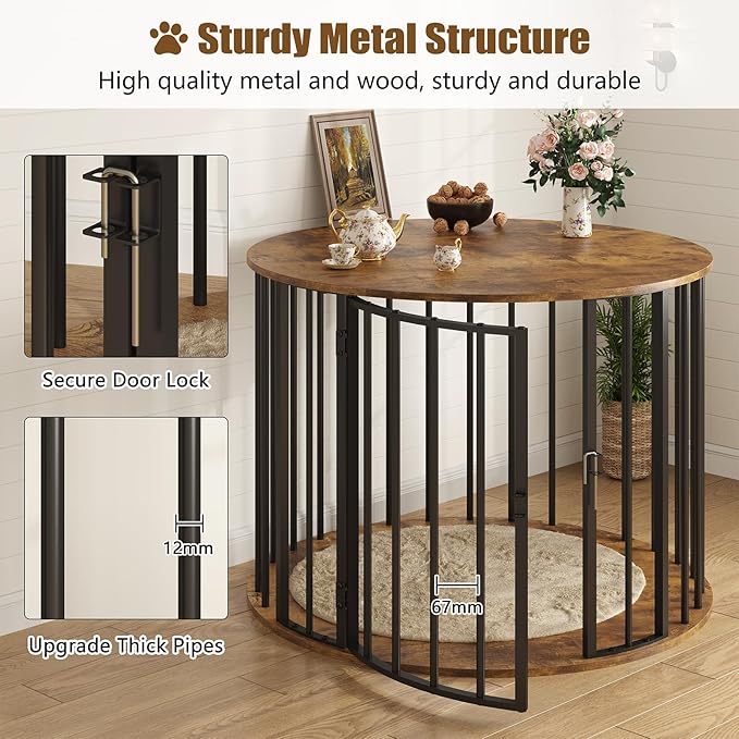 32 Inch Dog Crate Furniture for Large Medium Dogs, Wooden Dog Kennel Indoor Decorative Pet House Side End Table, Round Dog Cage, Rustic Brown