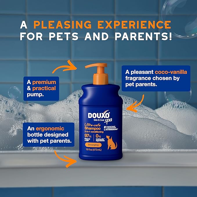 DOUXO® Skin & Coat SPA - Ultra-Safe 2 in 1 Conditioning Dog Shampoo, 16 fl oz, Cleans and Deeply Hydrates The Skin, Leaves The Coat Soft, Silky and Detangled, Skin-Friendly Formula
