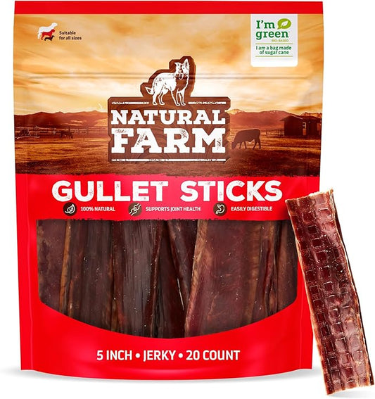 Natural Farm Beef Jerky Gullet Sticks Flat - 5-Inch (20-Pack), Grass-fed Beef, Glucosamine & Chondroitin, Rich Flavor, Highly Digestible, Chewy Yet Tender