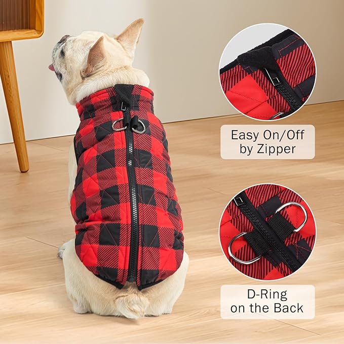 SCENEREAL Warm Puppy Jacket with Built-in Harness for Small/Medium Dogs, Waterproof Winter Coat with Zipper, Fleece Puffer Vest for Cold Weather, Windproof Snow Clothes