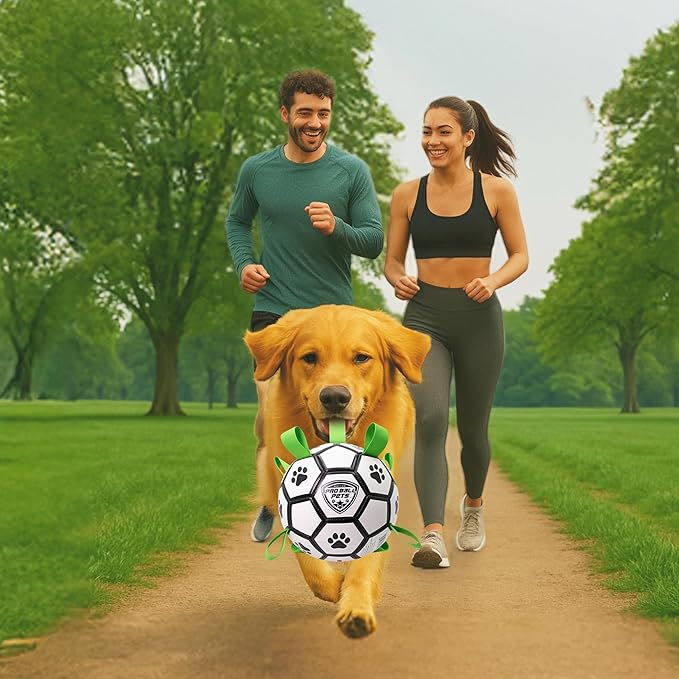 ProBall Pets Interactive Dog Soccer Ball with Grab Tabs - Floats on Water, Fetch & Training Toy for Medium Dogs, Herding Breeds - Waterproof Non-Toxic - 7" White Green