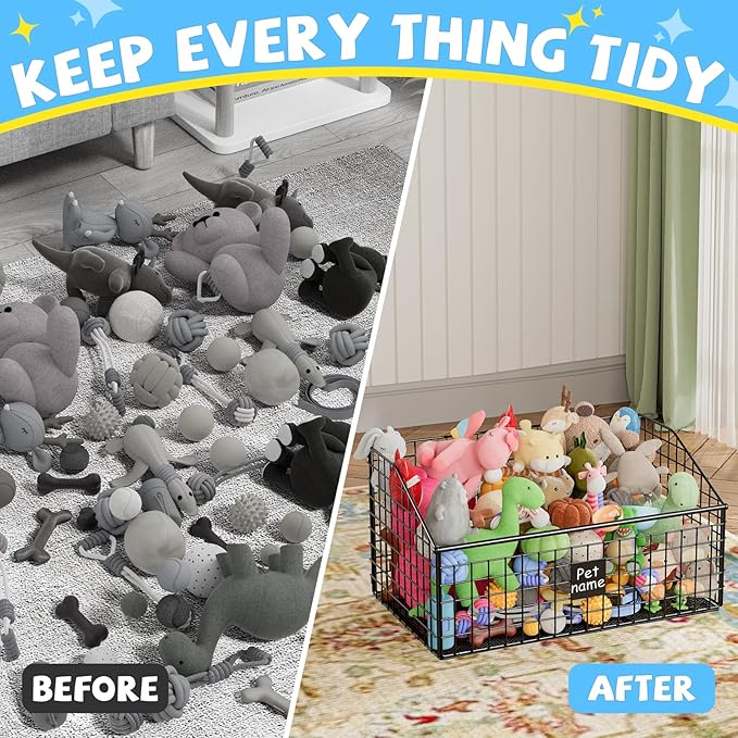 Indestructible Dog Toy basket, Large Toy Bin for Dogs,Pet Toy Bin Dog Metal Basket Organizer Storage for Toys Food Storage (Black)