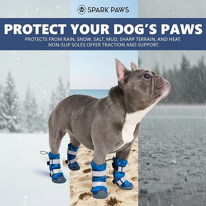 Spark Paws Dog Shoes, Waterproof Dog Boots for Medium to Large Dogs, Non Slip, Breathable Dog Booties and Paw Protectors - 4PCS Doggie Hiking Boots with Reflective Straps, Blue Camo, Size 8