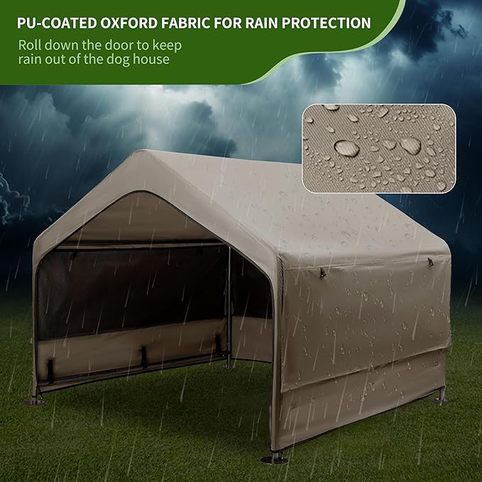 Summertrail Extra Large Dog House Outside, Dog Tent Outdoor, Big Dog Shade Shelter Doghouse Canopy with Three-Sided Mesh Windows, Sun Rain Cover for Pet Cat Livestock 4'x 4'x 3.3' Khaki