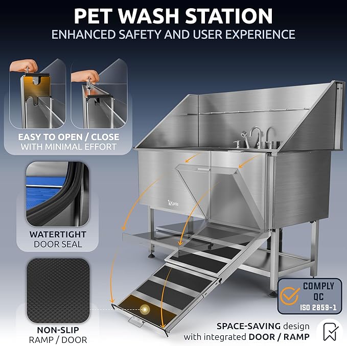 KANIS Professional Dog Washing Station - 304 Stainless Steel Pet Wash Sink & Grooming Bathtub w/Shower, Floor Grates and Storage for Large, Medium & Small Pets (61", Shelf - Right Ramp)