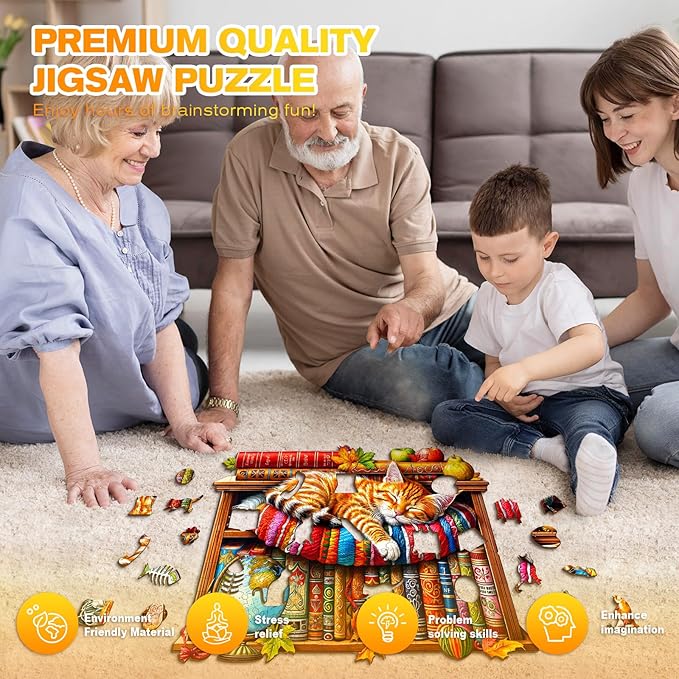 Wooden Puzzles for Adults - Dreamy Tabby Cat Wooden Jigsaw Puzzle, Unique Animal Shaped Wood Puzzles Adult, Christmas Birthday Gifts for Friends/Family, Home Decor 8.5 * 6 in 100pcs