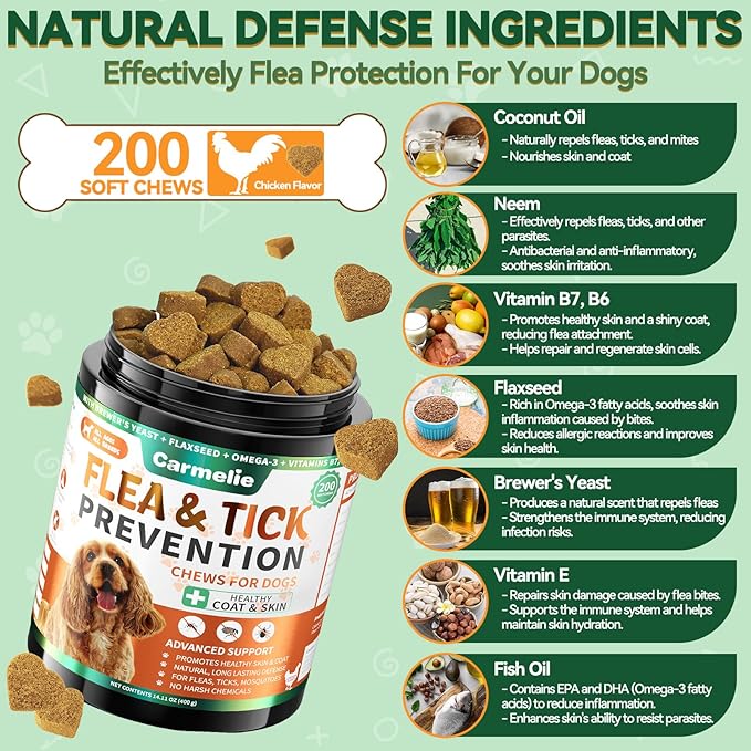 Flea and Tick Prevention for Dogs - 200 Chews Natural Dog Flea and Tick Support, Oral Flea Supplement for All Dogs, Supports Healthy Skin & Coat, Puppy Flea Protection - Chicken Flavor