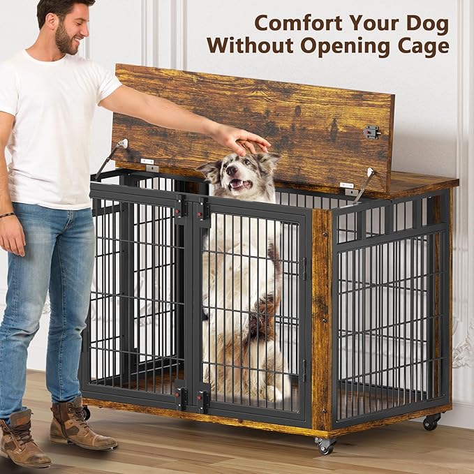 EasyCom 90% Pre-Assembled 41" Moveable XL Dog Crate, Large Dog Crate Furniture with Top-Access Teasing/Feeding Doors, Chew-Resistant Dog Kennel Indoor Furniture for Medium and Large Dogs