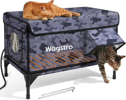 Heated Cat House for Outside, Insulated Weatherproof Heated Outdoor Cat House with Waterproof Eaves & Escape Door, Elevated Outdoor Cat Shelter for Feral Stray Cat (Black Camo, 25.6"x16.5"x18")