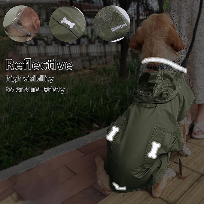 Waterproof Dog Raincoat, Adjustable Reflective Lightweight Pet Rain Clothes with Poncho Hood (Army Green, X-Small)