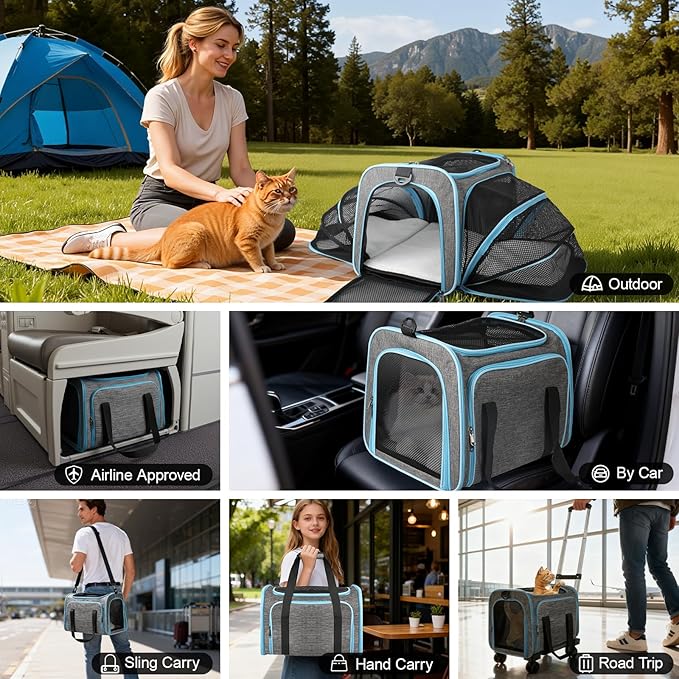 Pet Carrier with Wheels Up to 33 lbs Airline Approved Cat Carrier Rolling Pet Carrier w/Removable Wheels & Expandable Side Washable Plush Mat Pet Travel Carrier with Telescopic Handle & Shoulder Strap