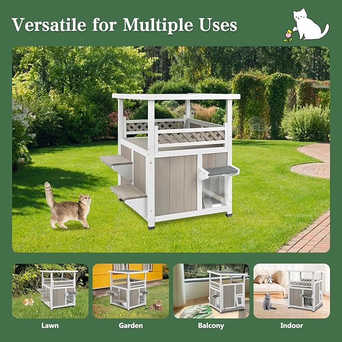 PetsCosset Outdoor Cat House 2 Story Wooden Houses for Outside Feral Cats Weatherproof Indoor Cat Condo with Large Balcony 2 Escape Doors to Enhanced Safety, Easy Slide Bottom, Simple Assembly