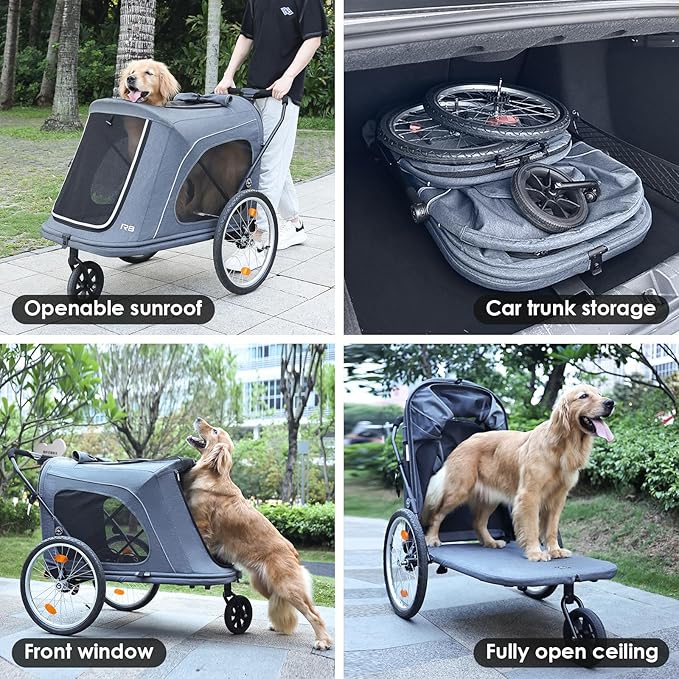 R8 Extra Large Foldable Pet Stroller, Dog Stroller & Pet Trailer for Large Dogs Under 100 lbs, Unmovable, Disabled & Pregnant Dogs - Conveniently Carriable by Bike and Car, Black