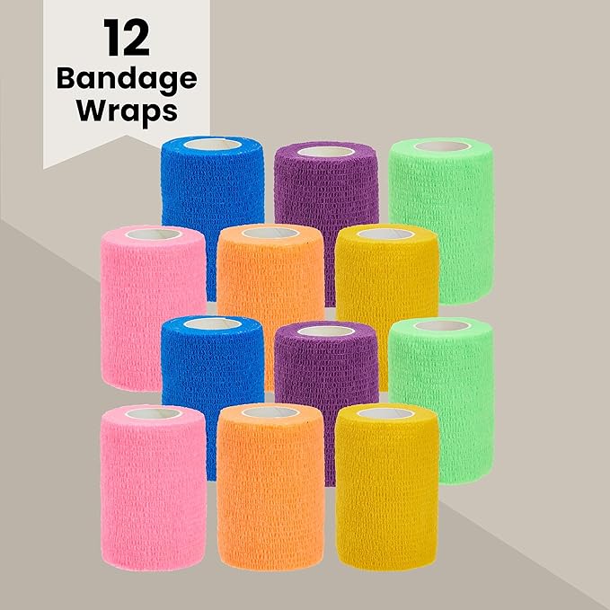 Juvale Self-Adherent Cohesive Bandage Wrap - Joint Support & Vet Wrap for Horses - Versatile First Aid & Pet Bandage - Athletic Compression & Stretch Tape - 3 in x 6 yd, Pack of 12, 6 Colors