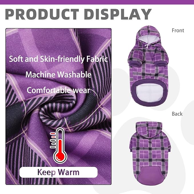 KOOLTAIL Plaid Dog Hoodie for Small Medium Large Dogs - Pet Clothes Sweater with Hat and Pocket for Cold Weather Winter, Warm Soft Dog Hooded Sweatshirt Coat Outfit for Puppy Cats Girls Boys Purple XS