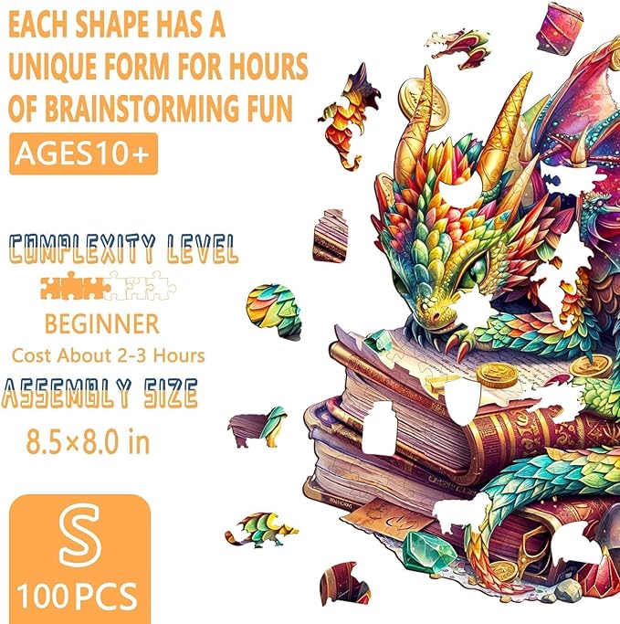 Wooden Puzzles for Adults - Jeweled Dragon Puzzle, Unique Shape Wooden Jigsaw Puzzle for Adults, Wood Puzzles Adult, Good Gift Idea for Friends, Home Decor (S-8.5 * 8in 100 Pieces)