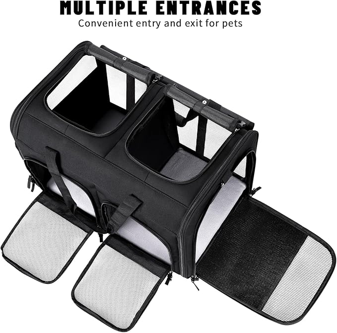Cat Carrier for 2 Cats, Foldable Double Cat and Dog Carrier, Small to Medium Size, 2 Front Zippered Compartments,Two Pets Carrier for Outdoor Travel,Mulitple Cat Carrier (Black)