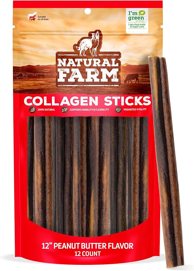 Natural Farm Peanut Butter Flavor Collagen Sticks for Dogs (12 Inch, 12 Count), Long-Lasting Beef Collagen Sticks, Rawhide Alternative Chews with Chondroitin & Glucosamine, Low-Fat Dental Treats