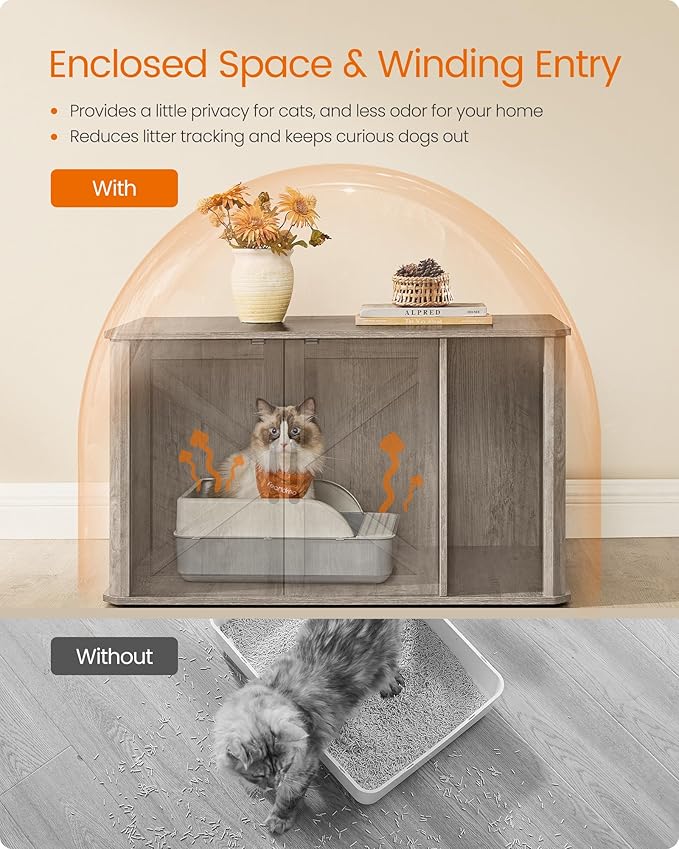 Feandrea Litter Box Enclosure, Modern Cat Litter Box Furniture Hidden, Front Entry, Double Doors, Handles, Cat House, Side End Table, 33.5 x 19 x 19.5 Inches, Heather Greige UPCL012G01