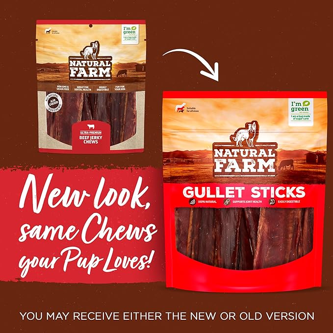Natural Farm Gullet Sticks (6 Inch, 50 Pack) - One Ingredient Beef Esophagus Chews - Fully Digestible, Promotes Joint & Dental Health, for Pups, Small & Senior Dogs