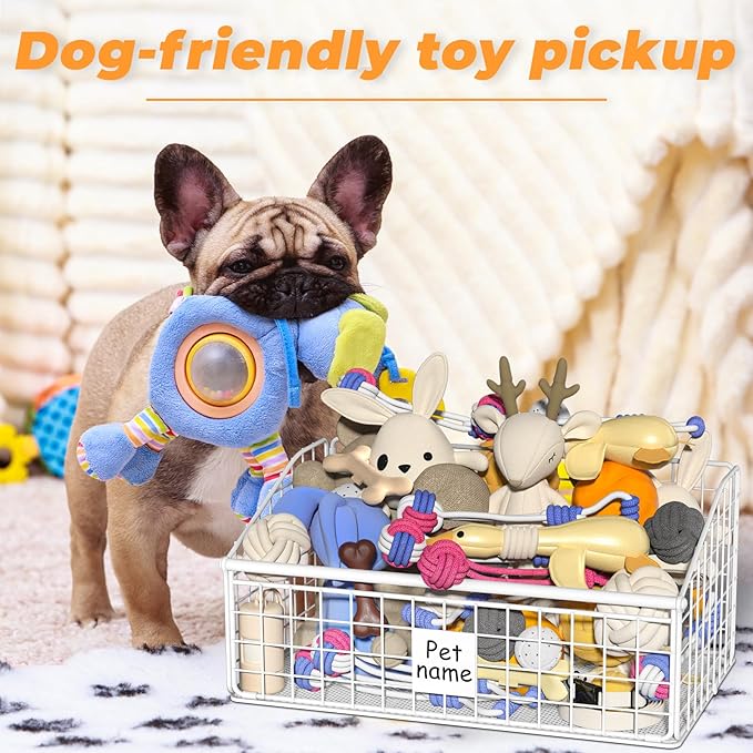 Dog Toy Bin Toy Basket Metal Storage Box with Handles Dog Organizer Chew-Proof White Dog Toy Box Blankets Leashes Chest Puppy Dog Toy Storage Container Home Decor Pet Toys Dog Cat