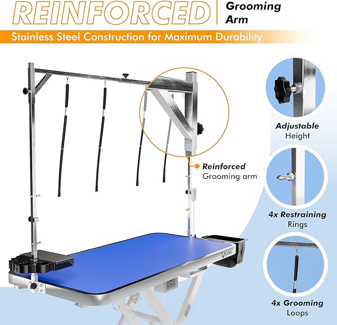 KANIS Professional Electric Dog Grooming Table - Heavy Duty, Height Adjustable Pet Grooming Table w/Leveling Wheels, Grooming Arm, Anti Slip Tabletop & Tool Organizer/Dog Grooming Station (49", WHITE)