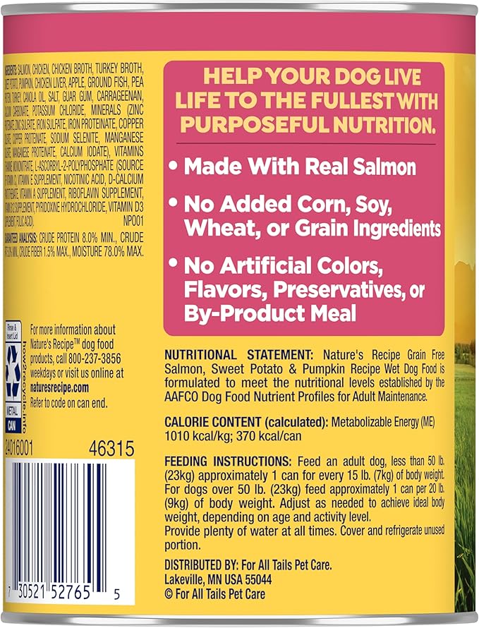 Nature's Recipe Grain Free Wet Dog Food Salmon, Sweet Potato, and Pumpkin Recipe, 13 oz. Can (Pack of 12)