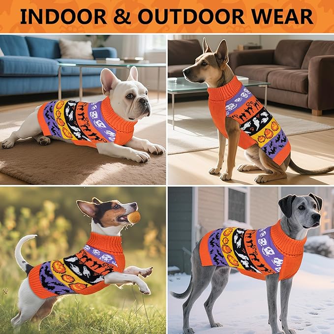 KYEESE Halloween Dog Sweater for Small Dogs Boy & Girl Adorable Pumpkin & Ghost Design Turtleneck Sweater with Leash Hole Soft Comfy Knit Festive Pet Clothes Warm Halloween Dog Apparel, Medium