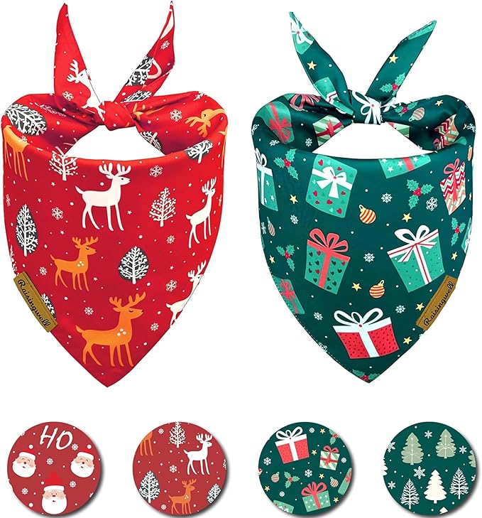 Christmas Dog Bandanas 2 Pack, 4 Pattern Reversible Holiday Bandana for Boy and Girl, Dog Scarf for Medium and X- Large Breed Dogs | Chritmas Gift | Reindeer | Santa Claus | Tree |