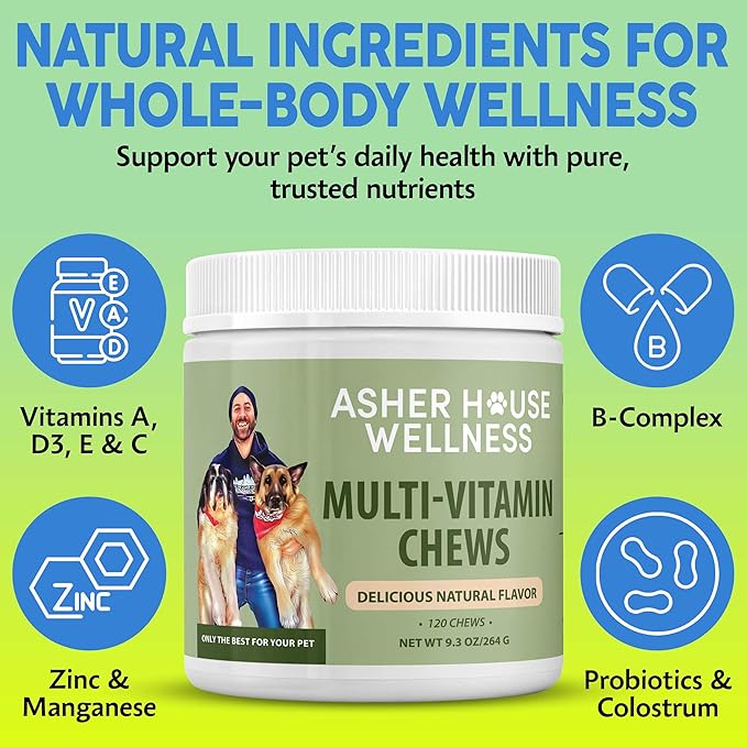 Asher House Wellness Dog Multivitamin Chews - Dog Vitamins and Supplements, Soft Chew for Pet Dogs with Probiotics, Flaxseed, Colostrum - Comprehensive Health Support from Puppy to Senior, 120 Chews